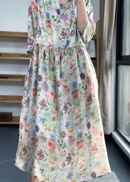 Vintage O Neck Print Patchwork Baumwolle Kleid Armband Ärmel