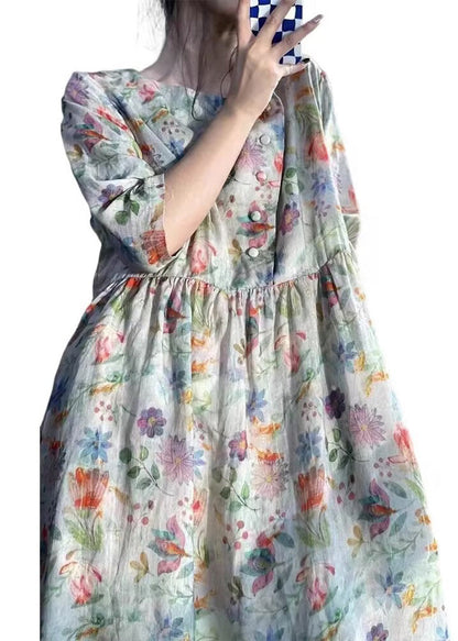 Vintage O Neck Print Patchwork Baumwolle Kleid Armband Ärmel