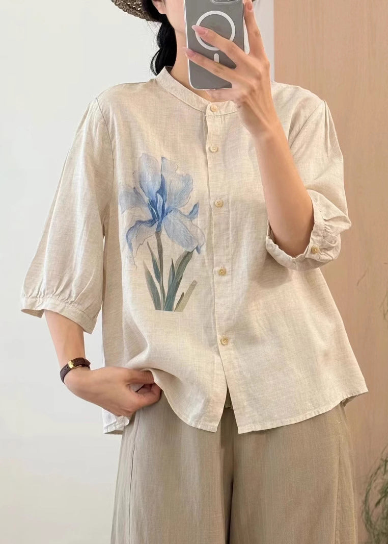 Vintage Orange Button Print Linen Blouses Half Sleeve