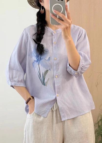 Vintage Orange Button Print Linen Blouses Half Sleeve