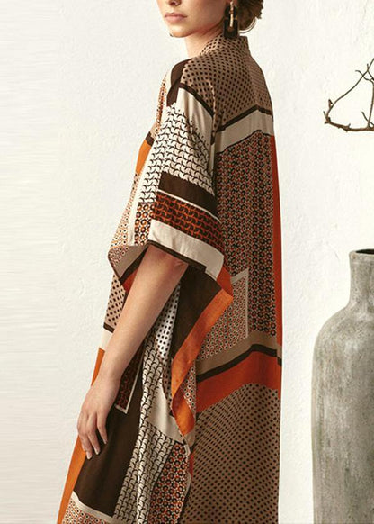 Vintage Orange Chocolate Print Half Sleeve kimono Robe Summer Chiffon Dress - SooLinen
