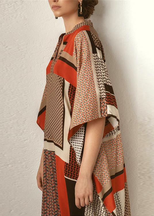 Vintage Orange Chocolate Print Half Sleeve kimono Robe Summer Chiffon Dress - SooLinen