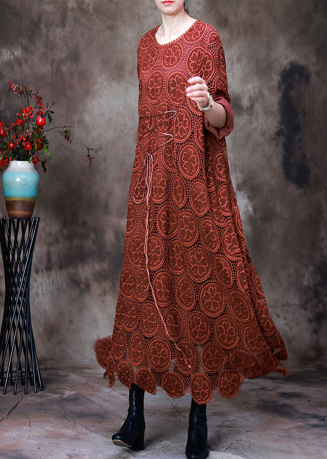 Vintage Orange Besticktes asymmetrisches Design Herbstkleid Langarm