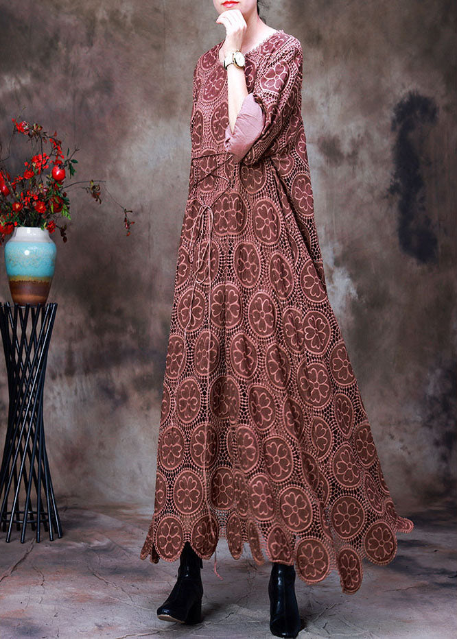 Vintage Orange Besticktes asymmetrisches Design Herbstkleid Langarm