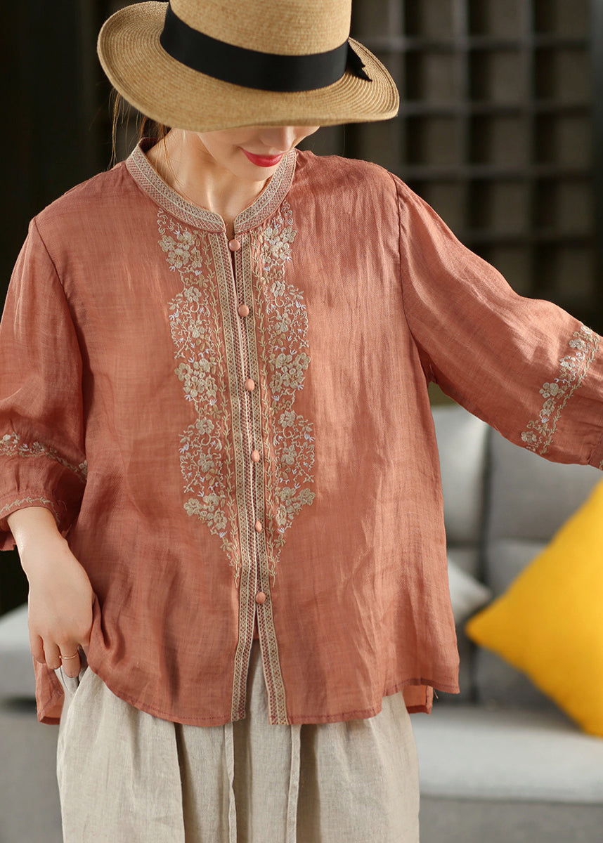 Vintage Orange O-Neck Embroidered Linen Shirt Summer