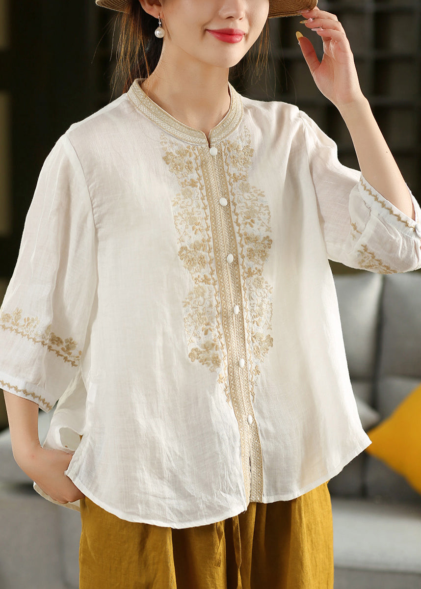 Vintage Orange O-Neck Embroidered Linen Shirt Summer