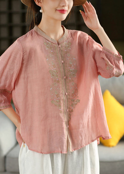 Vintage Orange O-Neck Embroidered Linen Shirt Summer