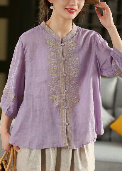 Vintage Orange O-Neck Embroidered Linen Shirt Summer