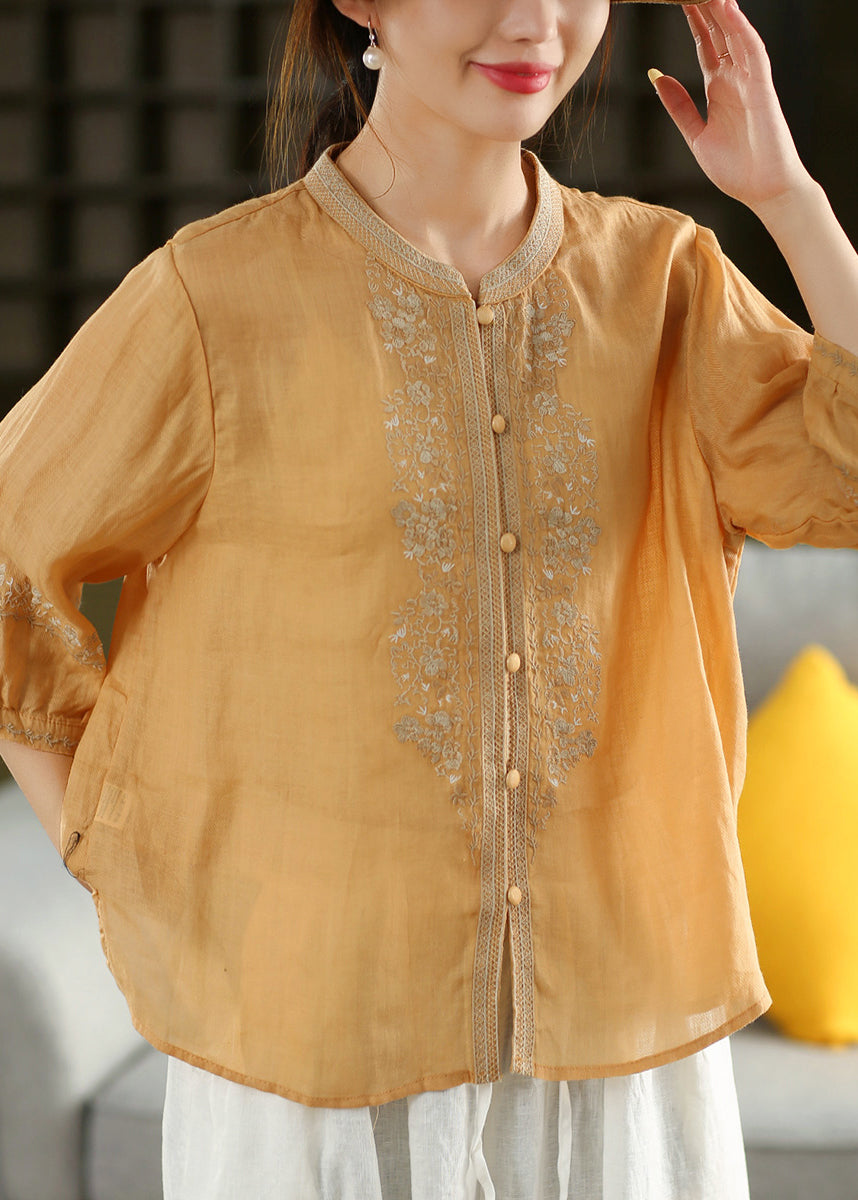 Vintage Orange O-Neck Embroidered Linen Shirt Summer