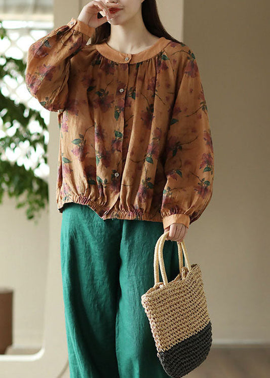 Vintage Orange O Neck Faltig Druck Patchwork Leinen Hemd Tops Frühling