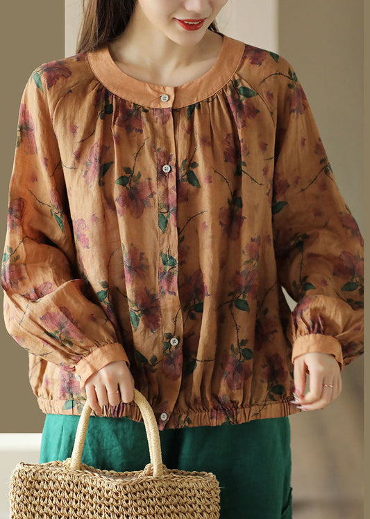 Vintage Orange O Neck Faltig Druck Patchwork Leinen Hemd Tops Frühling