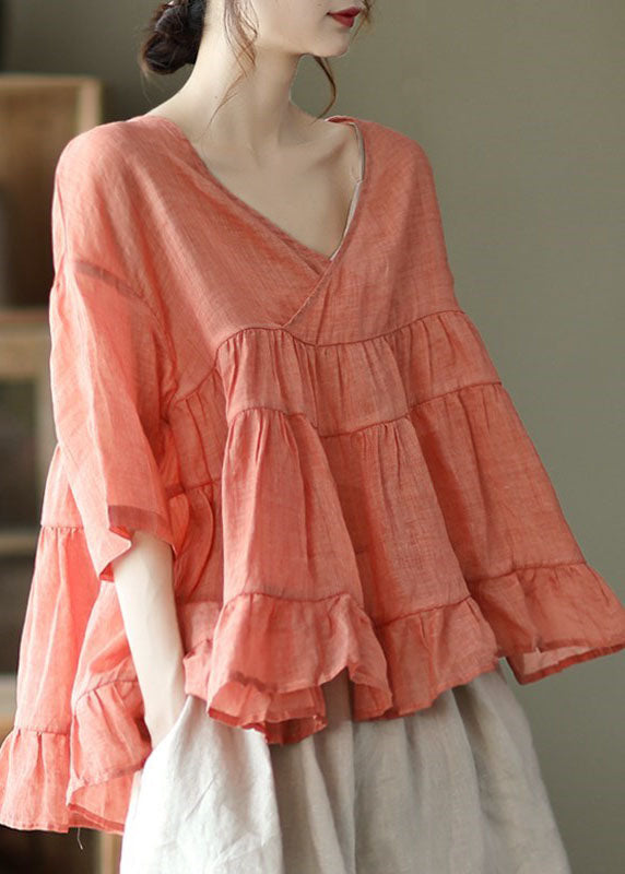 Vintage Orange Solid Loose Linen Shirt Tops Half Sleeve