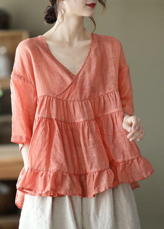 Vintage Orange Solid Loose Leinen Shirt Tops Halbarm