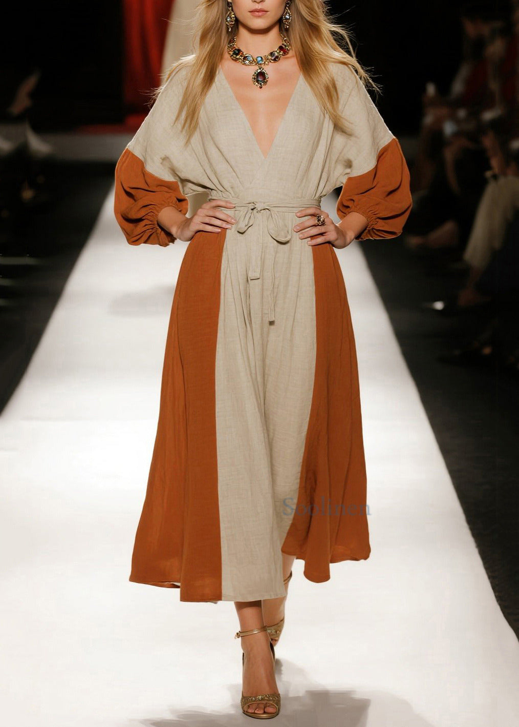 Vintage Orange Tie Waist Patchwork Linen Holiday Dress Spring