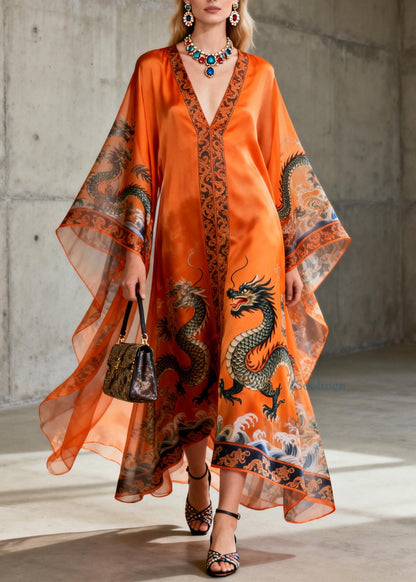 Vintage Orange V Neck Print Chiffon Robe Dresses Summer