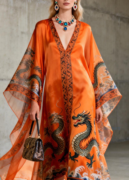 Vintage Orange V Neck Print Chiffon Robe Dresses Summer