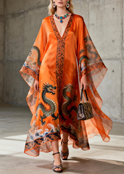 Vintage Orange V Neck Print Chiffon Robe Dresses Summer