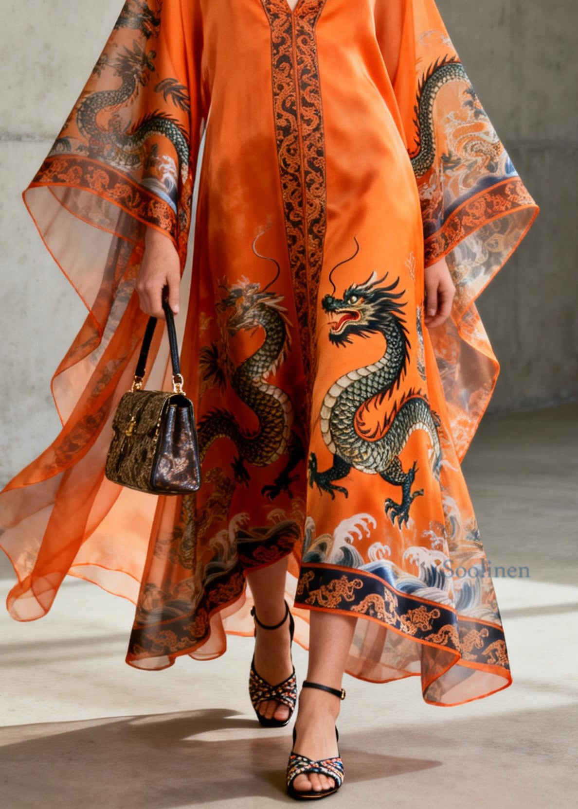Vintage Orange V Neck Print Chiffon Robe Dresses Summer