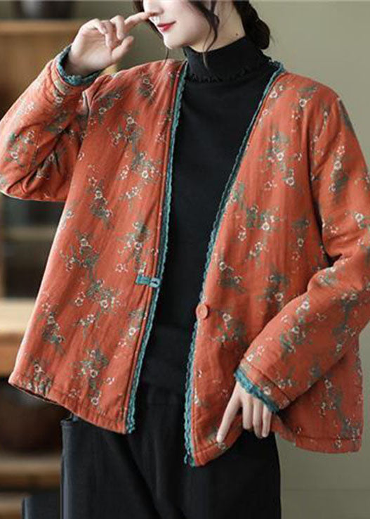 Vintage Orange V-Ausschnitt Print Feine Baumwolle gefüllt Strickjacke Winter