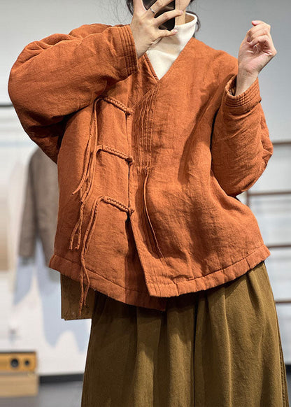 Vintage Orange V-Ausschnitt Solide Falten Feine Baumwolle Gefüllte Wintermäntel