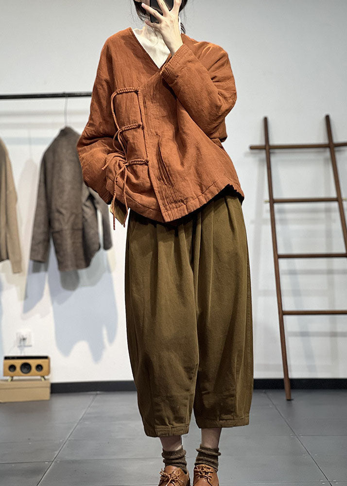 Vintage Orange V-Ausschnitt Solide Falten Feine Baumwolle Gefüllte Wintermäntel