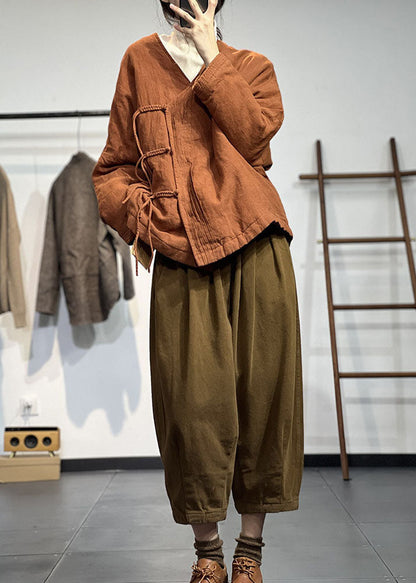 Vintage Orange V-Ausschnitt Solide Falten Feine Baumwolle Gefüllte Wintermäntel