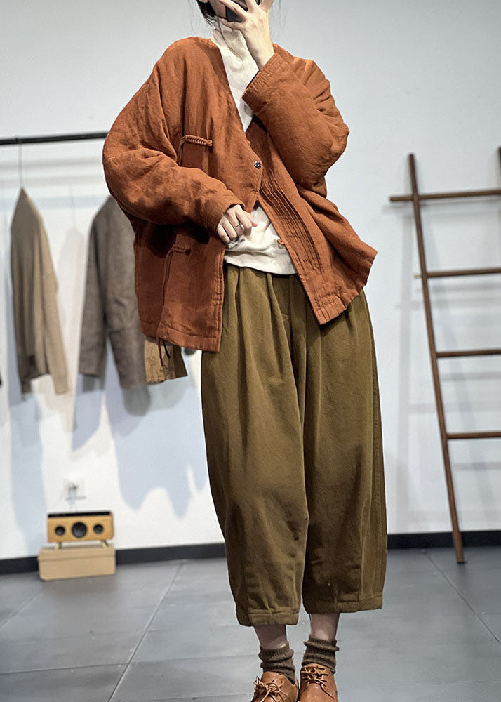 Vintage Orange V-Ausschnitt Solide Falten Feine Baumwolle Gefüllte Wintermäntel