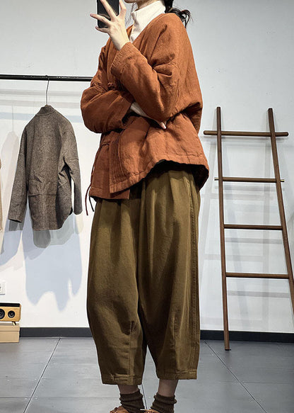 Vintage Orange V-Ausschnitt Solide Falten Feine Baumwolle Gefüllte Wintermäntel