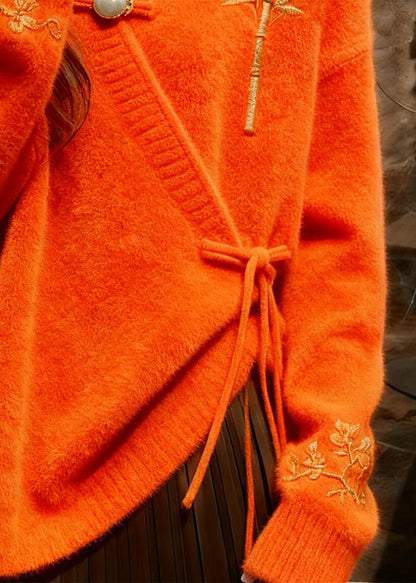 Vintage Orange V Neck Thick Cotton Knit Sweater Fall