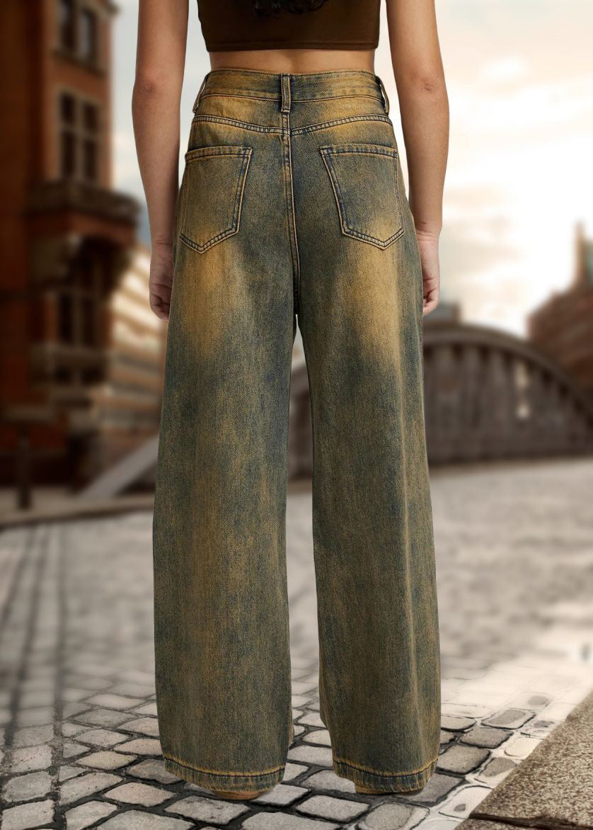 Vintage Patchwork High Waist Straight Denim Pants Herbst