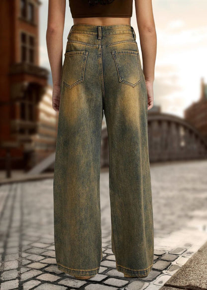 Vintage Patchwork High Waist Straight Denim Pants Herbst