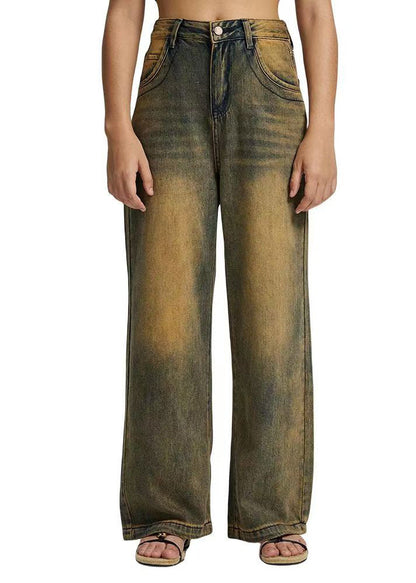 Vintage Patchwork High Waist Straight Denim Pants Herbst