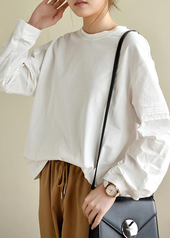 Vintage PatchworkWhite Long Sleeve Tops Cotton - SooLinen