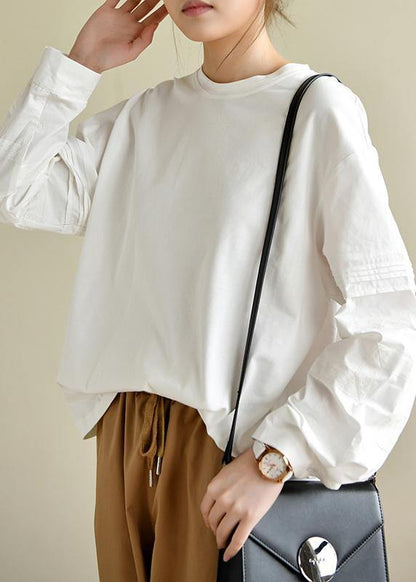 Vintage PatchworkWhite Long Sleeve Tops Cotton - SooLinen