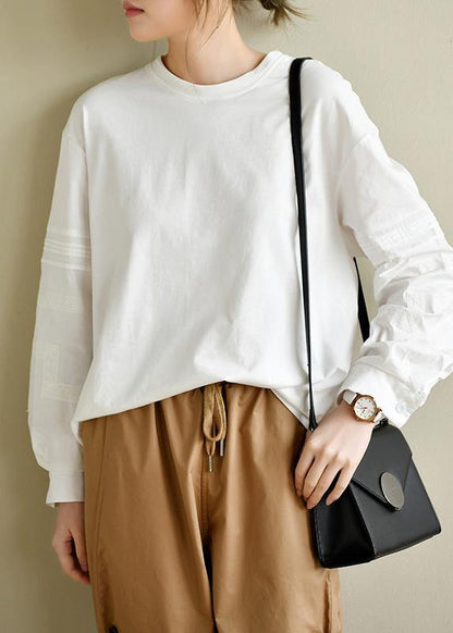 Vintage PatchworkWhite Long Sleeve Tops Cotton - SooLinen