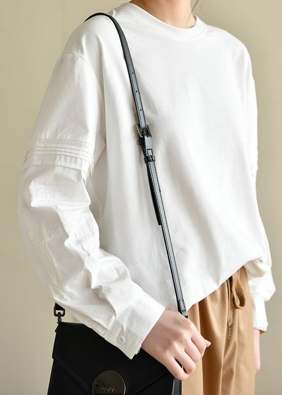 Vintage PatchworkWhite Long Sleeve Tops Cotton - SooLinen