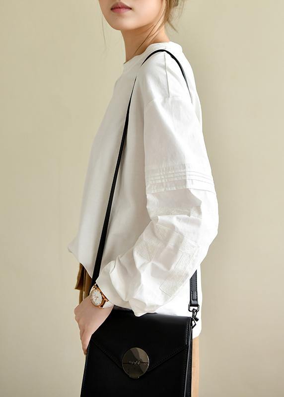 Vintage PatchworkWhite Long Sleeve Tops Cotton - SooLinen