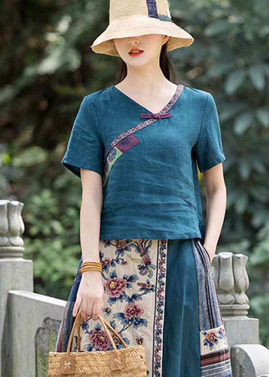 Vintage Pfau blau Knopf V Hals bestickt Leinen Shirt Top Frühling