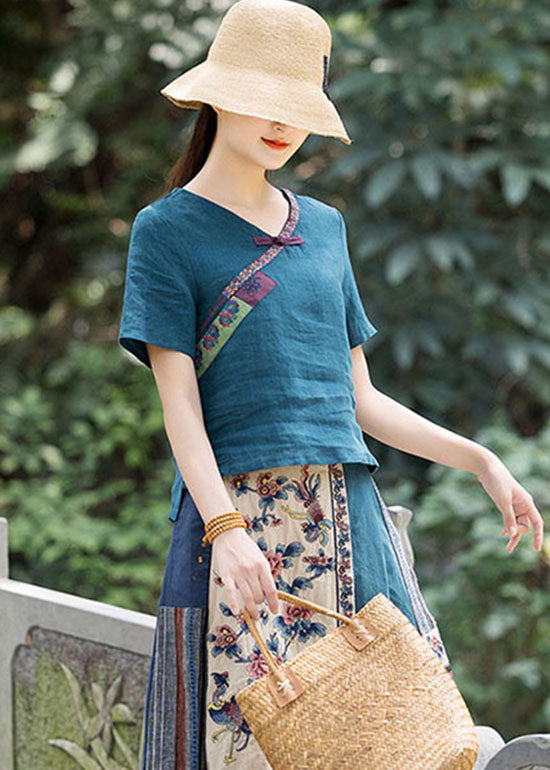 Vintage Pfau blau Knopf V Hals bestickt Leinen Shirt Top Frühling