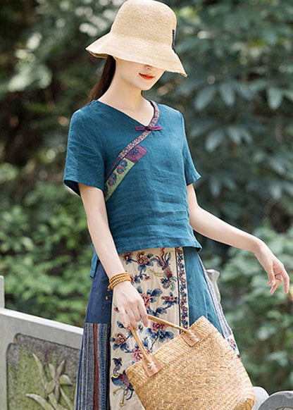 Vintage Pfau blau Knopf V Hals bestickt Leinen Shirt Top Frühling