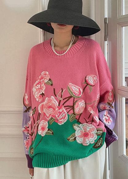 Vintage Pink Embroideried Floral Knit top Spring