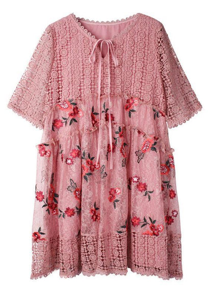 Vintage Pink Hollow Out Embroideried Summer Mid Dress Half Sleeve - SooLinen