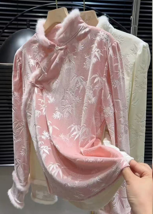 Camisa vintage de terciopelo de seda jacquard rosa para invierno