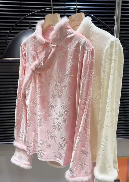 Camisa vintage de terciopelo de seda jacquard rosa para invierno
