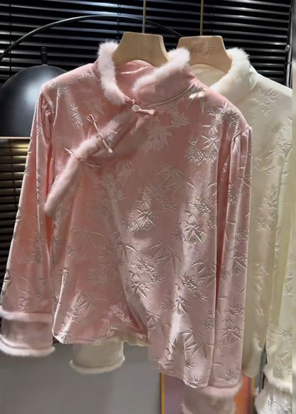 Camisa vintage de terciopelo de seda jacquard rosa para invierno