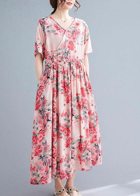 Vintage Pink Loose V Necktie Waist Summer Short Sleeve Dresses - SooLinen