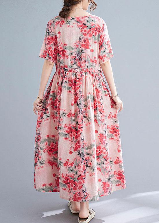 Vintage Pink Loose V Necktie Waist Summer Short Sleeve Dresses - SooLinen