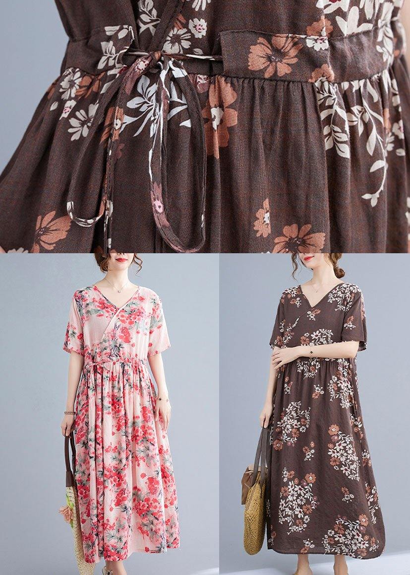 Vintage Pink Loose V Necktie Waist Summer Short Sleeve Dresses - SooLinen