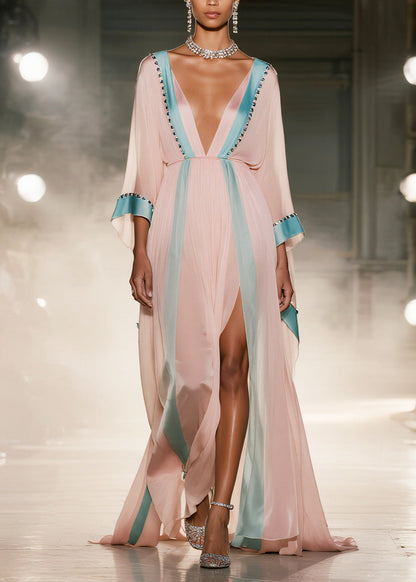 Vintage Pink Patchwork Side Open Chiffon Maxi Dress Summer