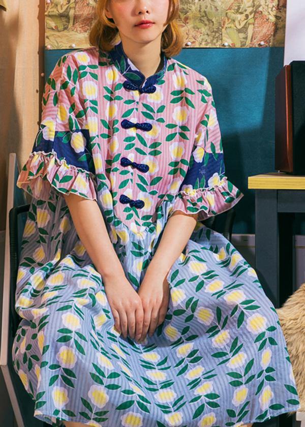 Vintage Pink Print Cute stand collar Summer Dress - SooLinen